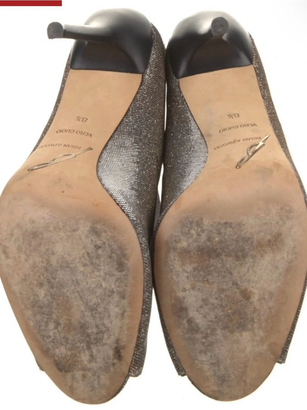 Brian Atwood Metallic Black and Gold Peep-Toe Slingback Heels